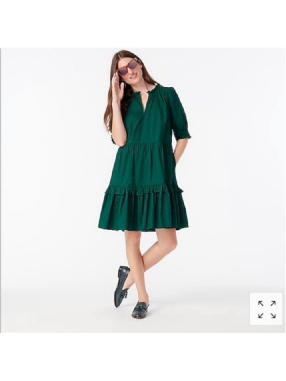 J.CREW Ruffleneck Tiered Popover Mini Dress M Green Pockets Cotton